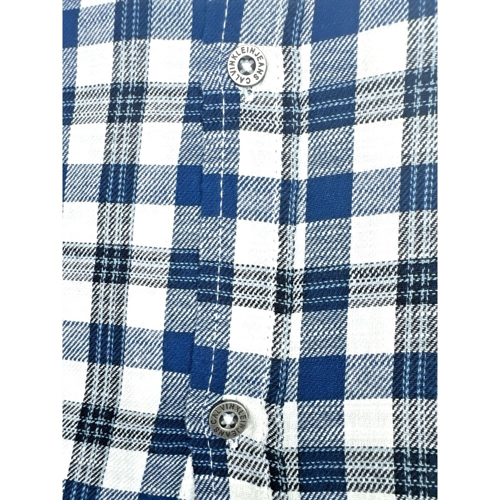 Calvin Klein Jeans Boy's Logo Pocket 100% Cotton Plaid Blue/White Shirt - Size 8 - Picture 9 of 12